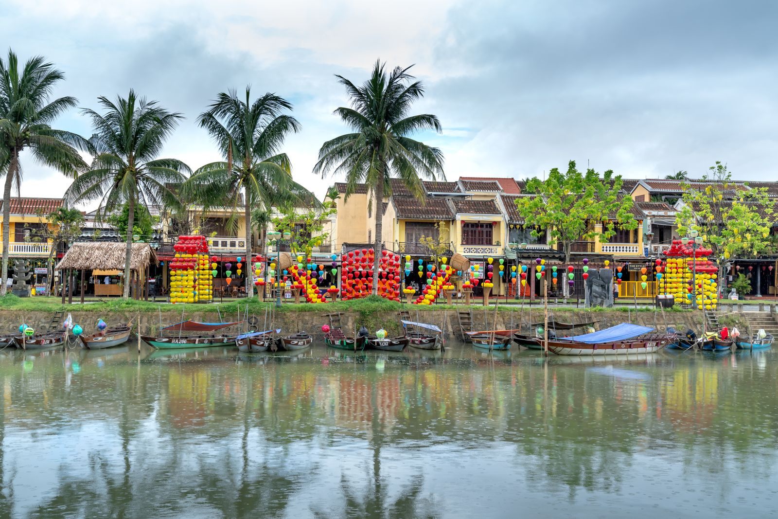 Riverfront with lanterns and boats in Hội An, Vietnam