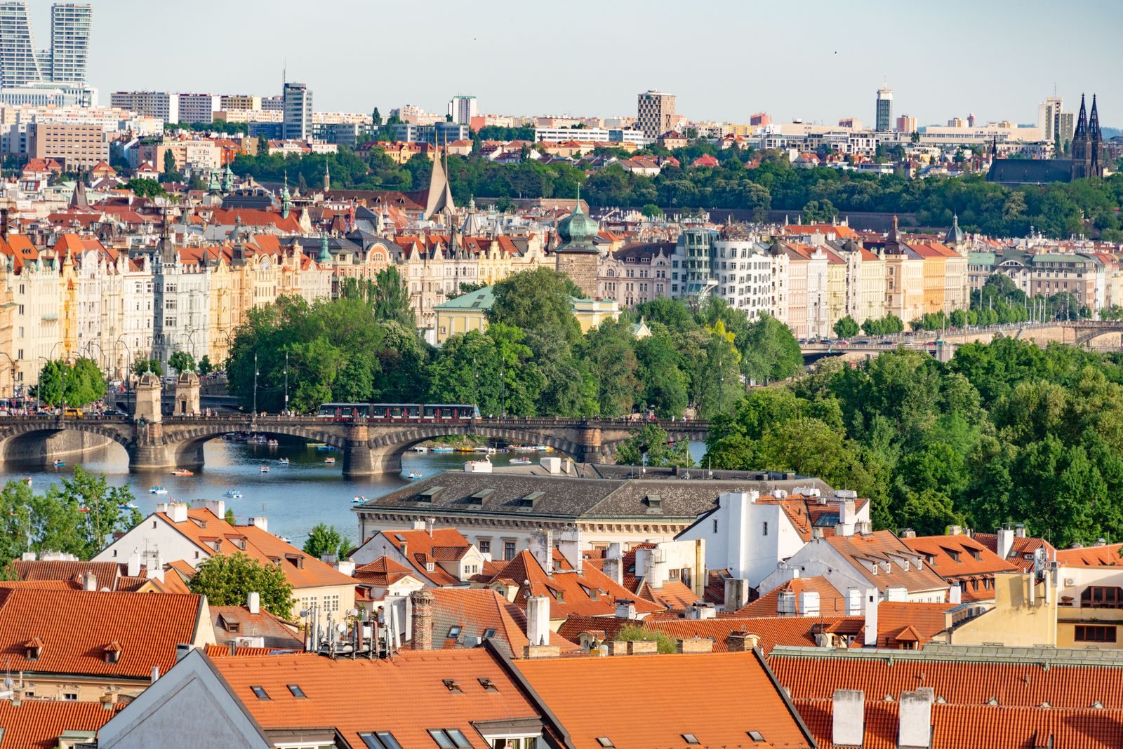 Aerial view of Prague’s bridges over the Vltava River